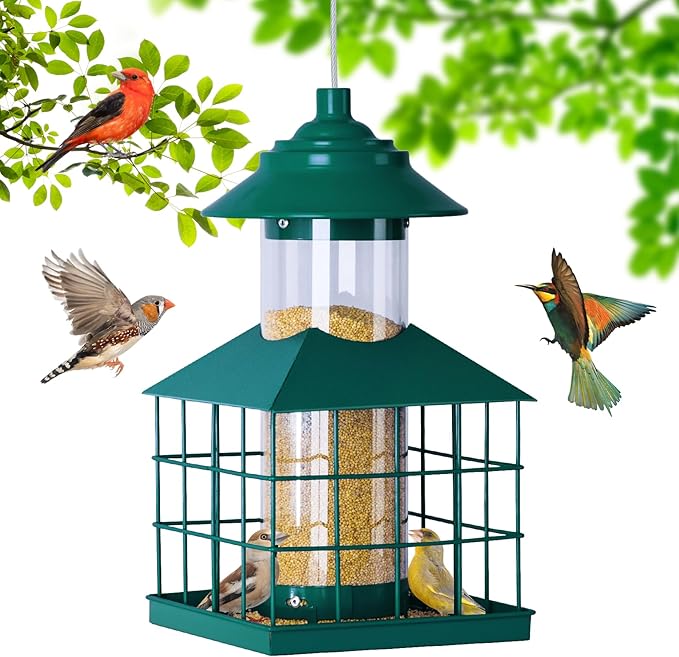 Hanging Bird Feeders for Outdoors, Maansfy Squirrel Proof Large Bird Cage Feeders Metal Wild Birdfeeder for Outside Weatherproof Finch Cardinal Bird Seed Feeder 3.4LB Capacity