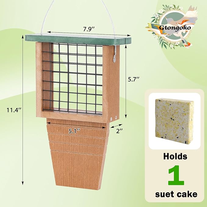 Gtongoko Recycled Plastic Suet Bird Feeder for Outside Hanging, Woodpecker Suet Feeder with Tail Prop, Hanging Suet Holder Birdfeeders, 1 Pack, Green