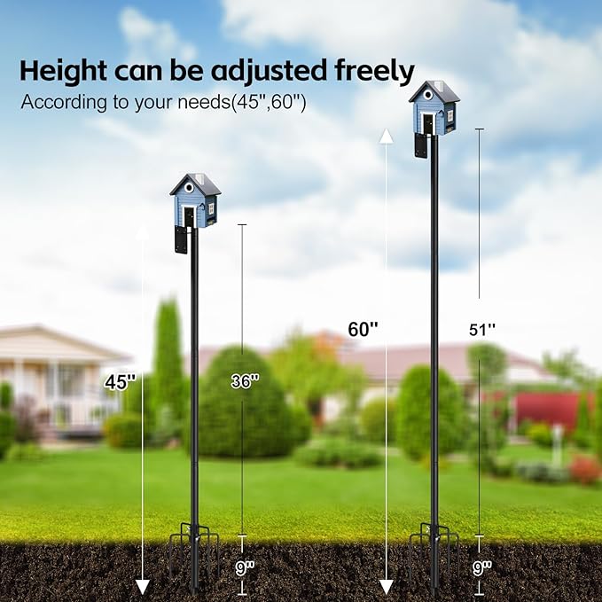 Bird Feeder Pole,60" Outdoor Bird House Pole Kit Stand with 5-Pronged Base, Adjustable Height & Universal Mount for Easy Setup, 2 Installation Methods, Matte Black Finish (Without Feeder)