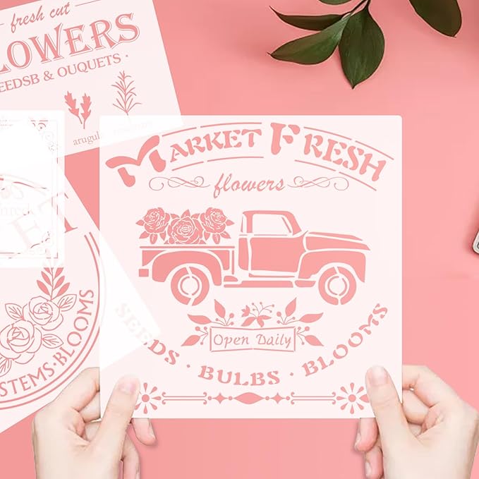 4 Pieces Flower Market Stencil Farmhouse Stencils Fresh Farm Stencil Flower Truck Reusable Stencil Templates DIY Chicken Country Home Decor Stencils for Painting on Wood Wall Furniture