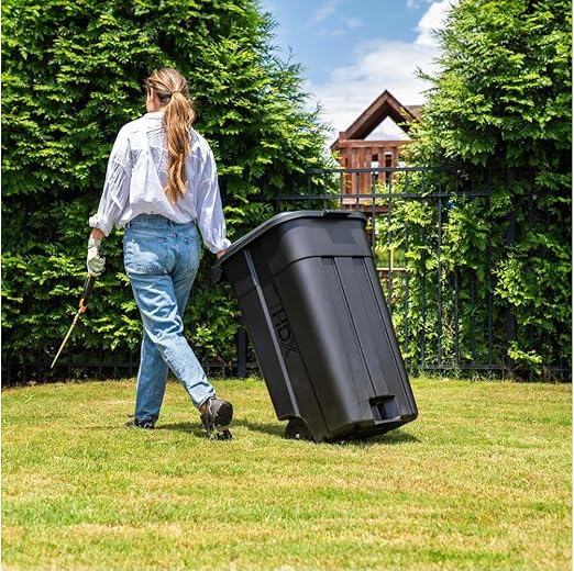 TuffCan 45-Gallon Heavy Duty Outdoor Trash Can with Wheels and Attached Lid, Black