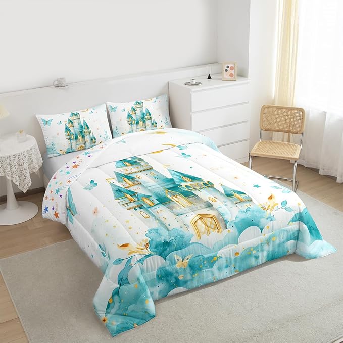 Erosebridal Princess Twin Bedding Set for Girls Kids - Castle Butterfly Comforter Set, Girly Coquette Butterflies Quilt | Moon and Stars Aesthetic Bedroom Decor with 1 Pillowcase