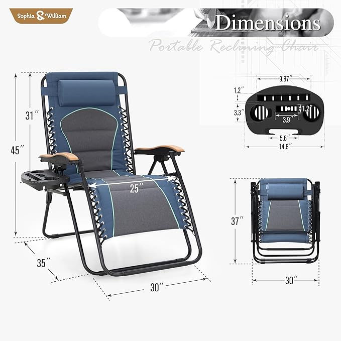 Sophia & William Oversized XXL Zero Gravity Lounge Chair Padded Reclining Lawn Chair Outdoor Gravity Chair with Cup Holder, Support 400 LBS, Blue