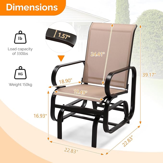 VINGLI Outdoor Rocking Glider, Patio Glider with Higher Backrest, Weather-Resistant & No Noise Rocking System, 330LBS Load Capacity, Brown
