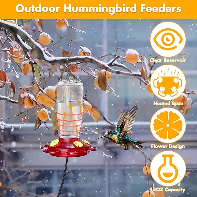 2 Pack Heated Hummingbird Feeders for Winter Outdoors, 15oz Plastic Humming Bird Feeder for Winter with 4 Feeding Ports, Easy Cleaning and Filling Window Hummingbird Feeder with Suction Cup and Hook