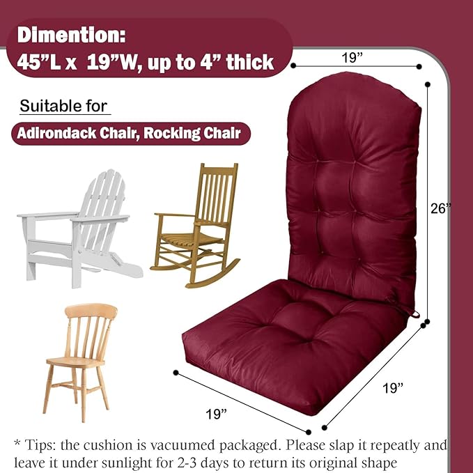 Adirondack Chair Cushion, Waterproof Outdoor High Back Seat Cushions for Patio Rocking Chairs, Thick Tufted Replacement Pads for Porch Lawn Indoor Dining Desk Wicker Furniture, Burgundy