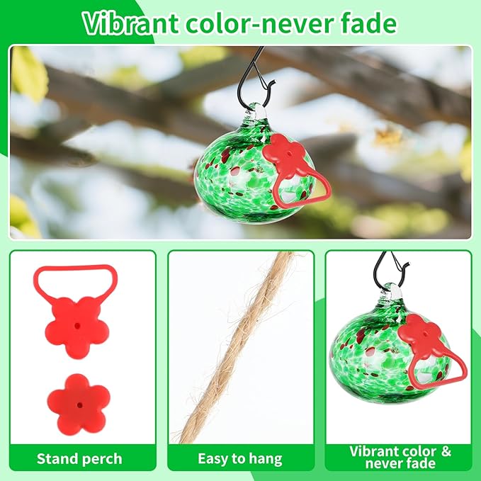 Small Hummingbird Feeders for Outdoors Hanging,Hand-Blown Glass Hummingbird Feeder with Silicone Feeding Perch,Never Leak,Gardening Gifts for Woman Man(Green)