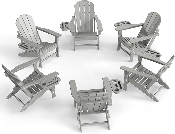 Adirondack Chair Set of 6, HDPE Folding Adirondack Chair with Multifunctional Cup Holder, Weather Resistant Fire Pit Chair for porches, patios, poolsides, Decks.