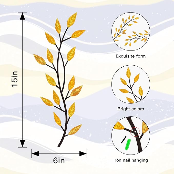 LWHZHE 2 Pieces Vintage Tree Leaf Wall Art Vine Metal Bathroom Wall Decor Olive Branch Wall Decor Living Room Tree Wall Art for Outdoor Hallway Kitchen Garden (Yellow)