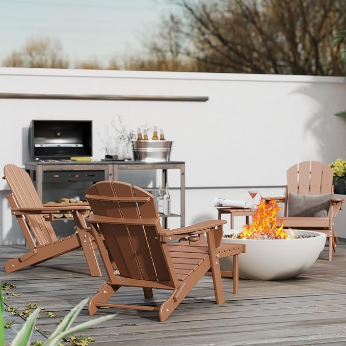 GREENVINES Adjustable Adirondack Chair with Retractable Ottoman Set of 4 | Folding | HDPE Plastic | Fire Pit Chairs w/Foot Rest | 2 Cup Holders | Teak | for Outdoor Patio Poolside Deck
