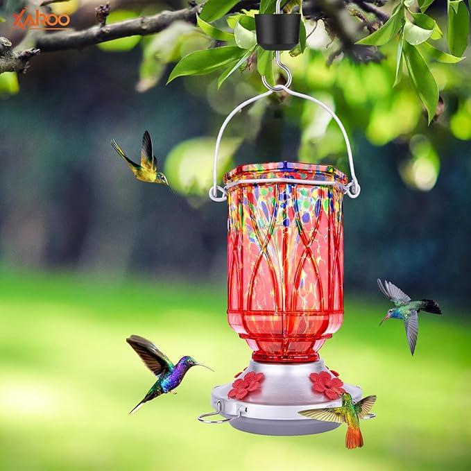 Hummingbird Feeders for Outdoors with Ant Moat, Hand Blown Glass Hummingbird Feeder, 4 Feeding Ports with Perch, Outdoor Garden Décor, 15 OZ, Red, Gifts for Mom Wife Dad Men Women
