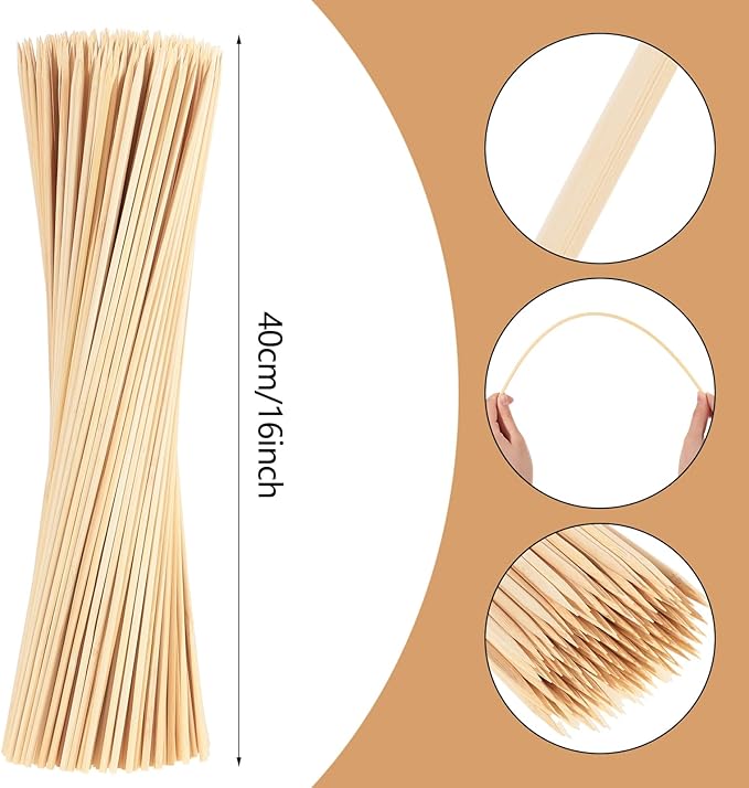 300PCS 16" Bamboo Skewers Sticks for Flower Bouquet Plant Support Barbecue Smores Roasting Marshmallows Chocolate Fountain Plant Stakes Fruit and Crafting,Φ=4mm