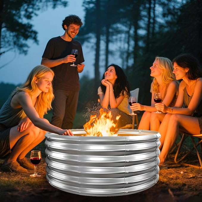Metal Fire Pit Ring/Bonfire Fire Ring- 40 Inches Diameter, 0.8 MM Thick,1.5 ft High, Durable and Stylish for Outdoor Fire Pits,Patios and Camping (Silver, 3.3X3.3X1.5 ft)