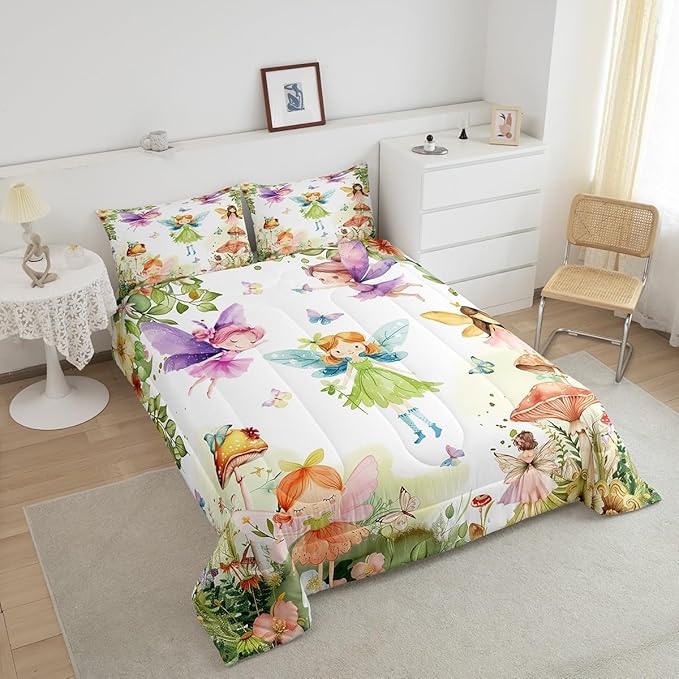 Erosebridal Fairy Garden Twin Bedding Set,Mushroom Butterfly Comforter Set for Girls Kids,Dreamy Fairy Floral Comforter,Cute Girly Princess Bedroom Room Decor,1 Pillowcase Reversible
