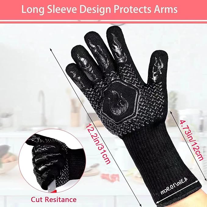 BBQ Grill Gloves Heat Resistant 1472℉ High Temp Resistance Fireproof Glove for Grilling Smoking Barbecue Washable Long Oven Extreme Hot Proof Mittens for Kitchen Baking (Black)