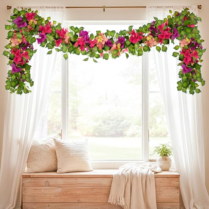 Briful 5.5FT Bougainvillea Flower Garland – Artificial Silk Floral Vine with Built-in Hook Faux Flower Garland for Backdrop Table Wall Wedding Party Home Decor, Pink Purple