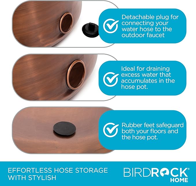 BIRDROCK HOME Water Hose Holder - Decorative Metal Pot, Indoor or Outdoor, Garden Storage Organizer, Patio Portable Bucket - Antique Copper, Holds up to 200ft Hoses, Large with Lid