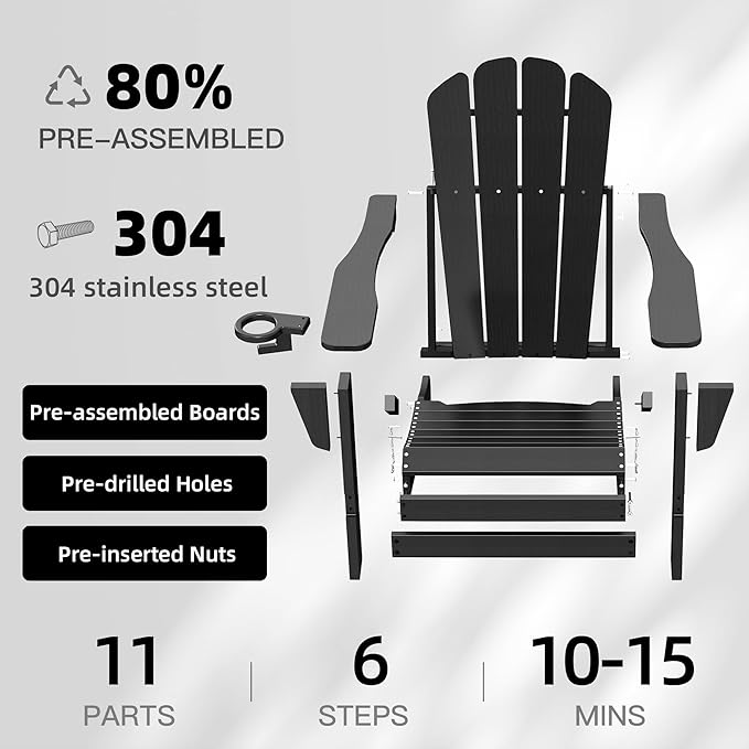 Domi Folding Adirondack Chairs Set of 6, HDPE All-Weather Outdoor Chairs with Cup Holder, Wooden Textured Fire Pit Chairs for Backyard, Patio, Poolside & Deck, Black