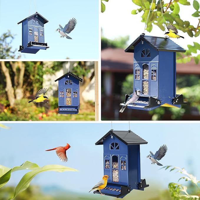 Birdkiss Bird Feeder Squirrel-Proof Outside: Country House Series for Hanging - Metal - 5LBs Seed - Weight-Activated for Outdoors - Large Capacity