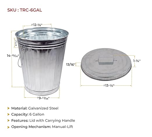 Mytee Products 6 Gallon Galvanized Trash Can with Mounting Bracket Kit for Trucks & Trailers, Steel Outdoor Garbage Can Holder for Flat Vertical Surface, Fire & Heat Resistant