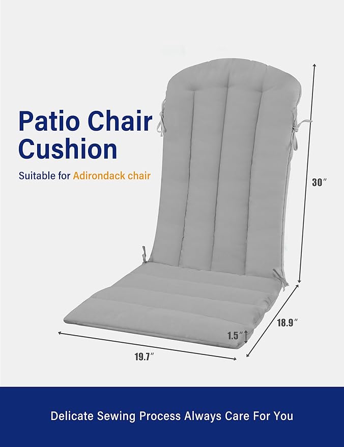 YEFU Adirondack Chair Cushion, Thin Rocking Chair Cushions with Straps Set of 2, Folding Patio Chair Pad for Indoor and Outdoor, 19.7x18.9x1.5 Inch, Gray