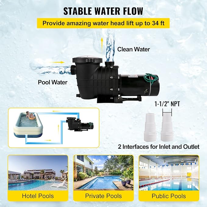 VEVOR 1HP Swimming Pool Pump, Dual Voltage 110V/220V, Circulates 5544GPH for Efficient Water Movement Above Pools, Includes Strainer Basket & Two 1-1/2'' NPT Connectors