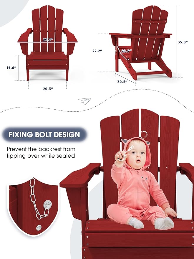 KINGYES Folding Adirondack Chair, HDPE All-Weather Patio Chairs, Wooden Textured Lawn Chair for Poolside, Backyard, Deck, Fire Pit, Red