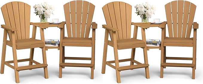 Ciokea Tall Adirondack Chairs Set of 4, HDPE Outdoor Adirondack Bar Stools with Double Connecting Tray, Weather Resistant High Back Adirondack Balcony Chairs for Deck, Lawn, Pool, Backyard, Teak