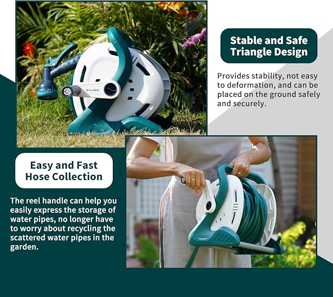 Berry&Bird Garden Portable Hose Reel, 1/2 inch x 65+6FT Wall/Floor Mounted Water Hose Holder, Garden Hose Reel Outdoor Water Pipe with 9 Pattern Hose Nozzle for Outside Gardening Car Cleaning Watering