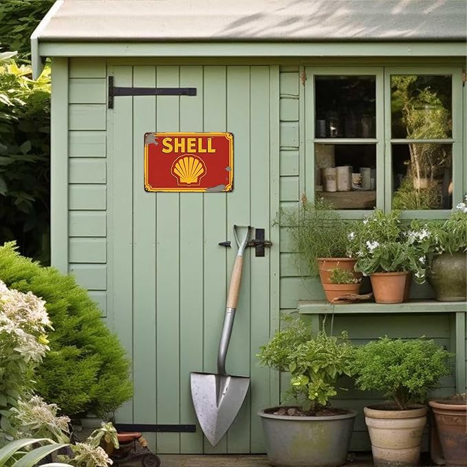 Shell Gas Station tin sign Vintage Fuel and Gasoline Metal Sign Print Aesthetic for Garden Yard Bar Porch Home Bedroom Kitchen Wall Decor Gift 8 x 12 in