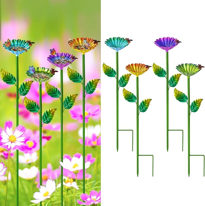 4 Pack Bee Watering Station, Metal Bee Water Station with Flower Design Colorful Butterfly Bath Bowl Drinking Feeder Cups for Outdoor Garden Yard Decor (Purple,Green,Blue,Yellow)