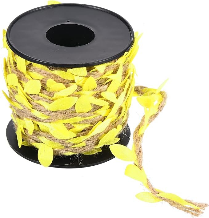 PATIKIL 33ft 5mm Burlap Leaf Ribbon, Braided Decoration Vine Natural Jute Rope Twine with Artificial Leaves for Jungle Wedding Party Home Garden Decor, Yellow