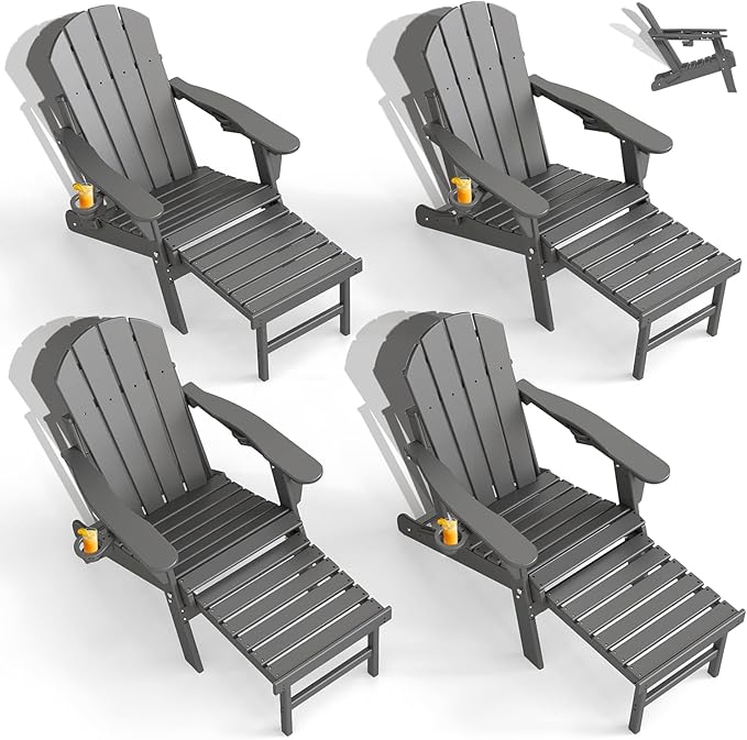 GREENVINES Adjustable Adirondack Chair with Retractable Ottoman Set of 4 | Folding | HDPE Plastic | Fire Pit Chairs w/Foot Rest | 2 Cup Holders | Grey | for Outdoor Patio Poolside Deck