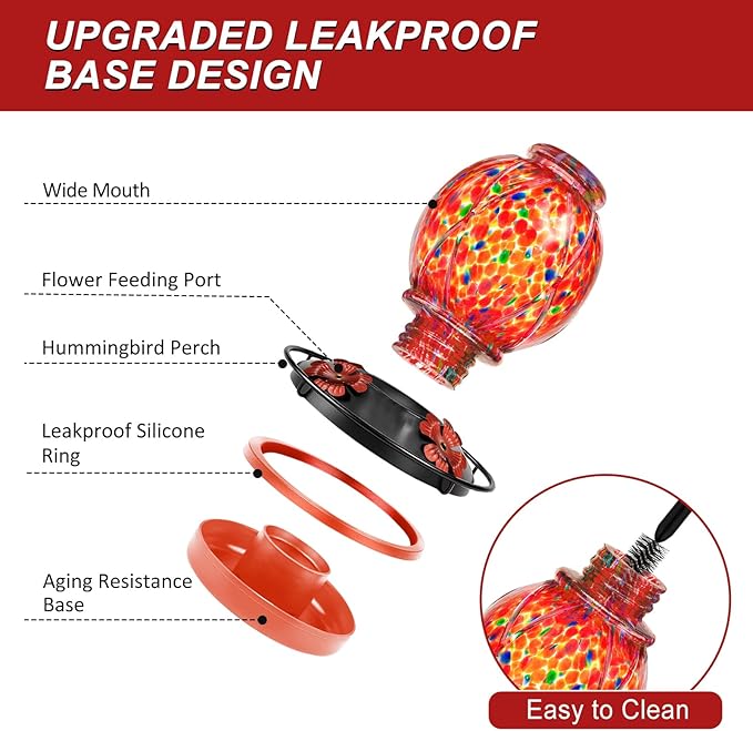 Hummingbird Feeders for Outdoors – 18 oz Hand Blown Glass Bird Feeder, Leakproof, Easy to Fill & Clean, Decorative Hanging Gift for Garden, Patio, Window, Mom or Gardener
