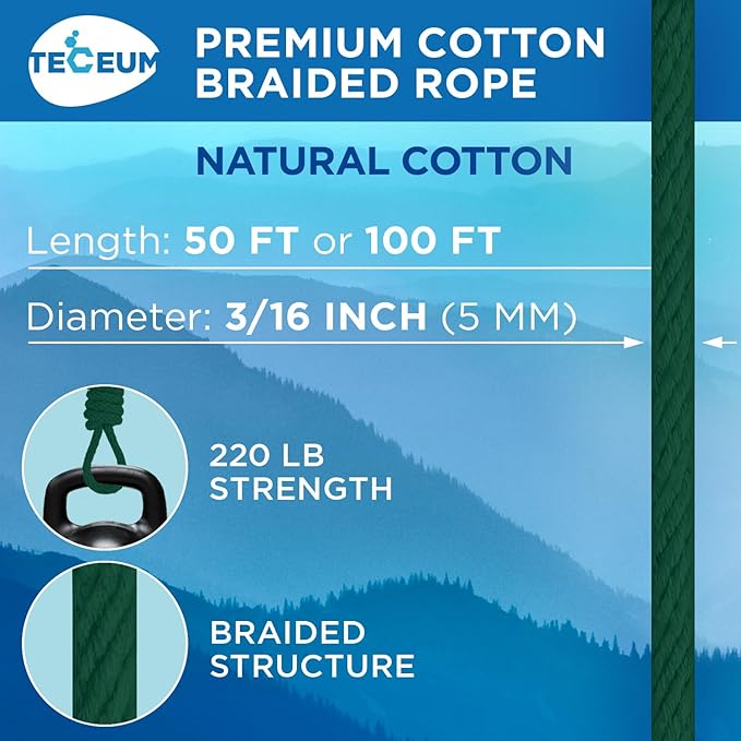 TECEUM Cotton Rope 3/16” (5 mm) – 50 FT – Strong All-Purpose Braided Rope – Natural Cotton – for Crafting, Сamping, Clothes Line, DIY, Indoor & Outdoor Use – Dark Green