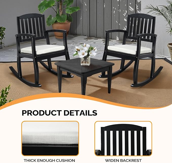 VINGLI Wooden Rocking Chair with Cushion,Outdoor Indoor Rocking Chair Supports Up to 450 lbs,Chair with Comfortable Backrest for Patio, Porch, Balcony (1, Black)