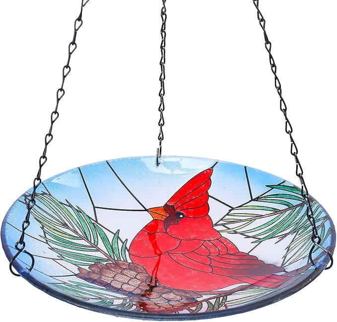 MUMTOP Hanging Bird Baths for Outdoors - Glass Bird Bath, 11 Inch Hanging Bird Bath Cardinal Bird Feeder Bowl for Outside, Garden, Lawn Yard Decor(Blue)