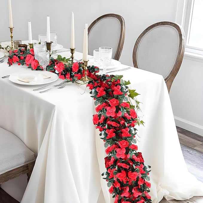 3 Pcs 8FT Flower Garland Artificial Flowers for Outdoors Fake Rose Vine Ivy Silk Flowers for Decoration/Anniversary/Wedding Birthday/Christmas/Home Decor/Garden Decor (Red)
