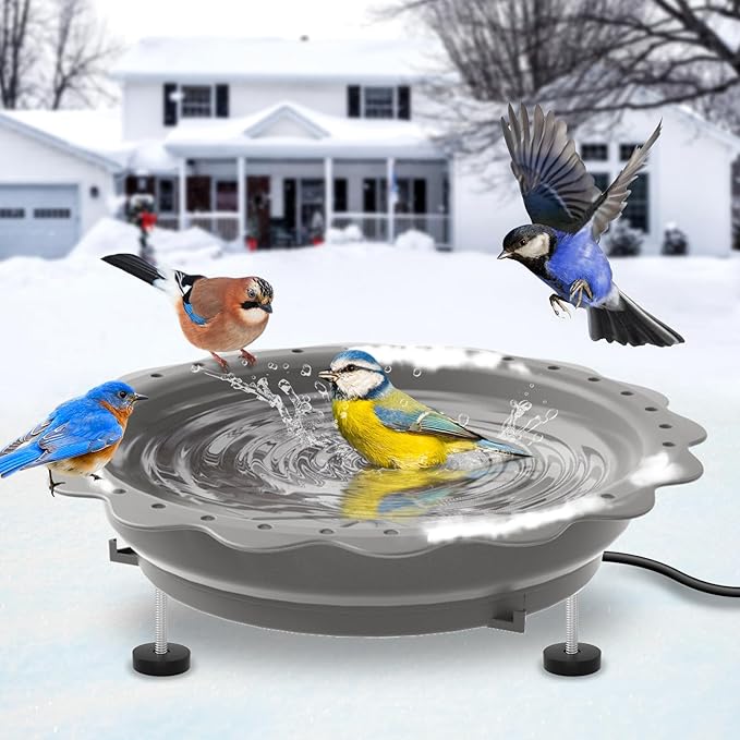 Heated Bird Bath for Outside Winter, Powerful 100W Thermostat Control Heated Bird Baths for Outdoors with 3 Metal Extension Screws, Heated Birdbath Water Heater for Garden Yard Patio Lawn(Grey)