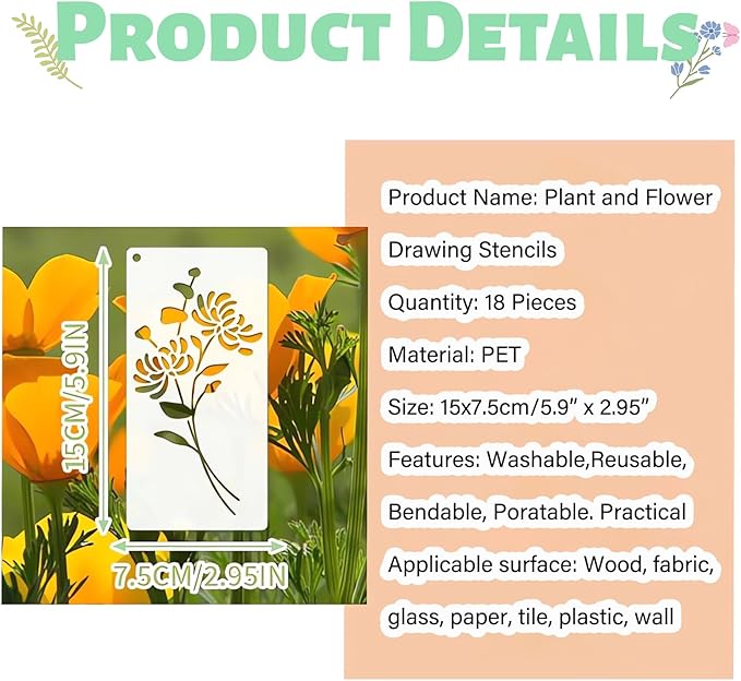 18 Pcs Flower Stencils for Painting on Wood, 6x3in Botanical Stencils Floral Templates for Drawing Spraying on Wall Canvas Scrapbook, Reusable Wildflower Stencil DIY Home Decors Ornaments Arts Crafts
