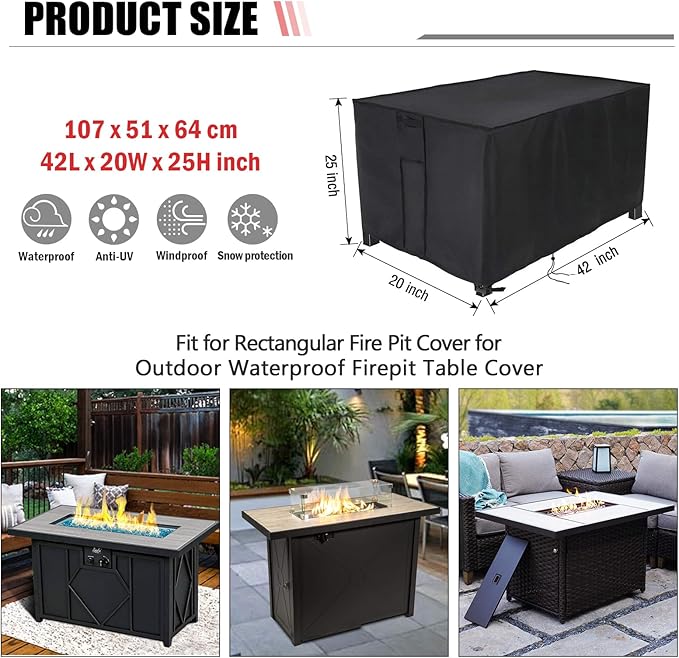 Rectangular Fire Pit Cover for Best Choice Products 42 Inch Gas Fire Pit Table,Outdoor Waterproof Propane Firepit Table Cover - 42 X 20 X 25 Inch