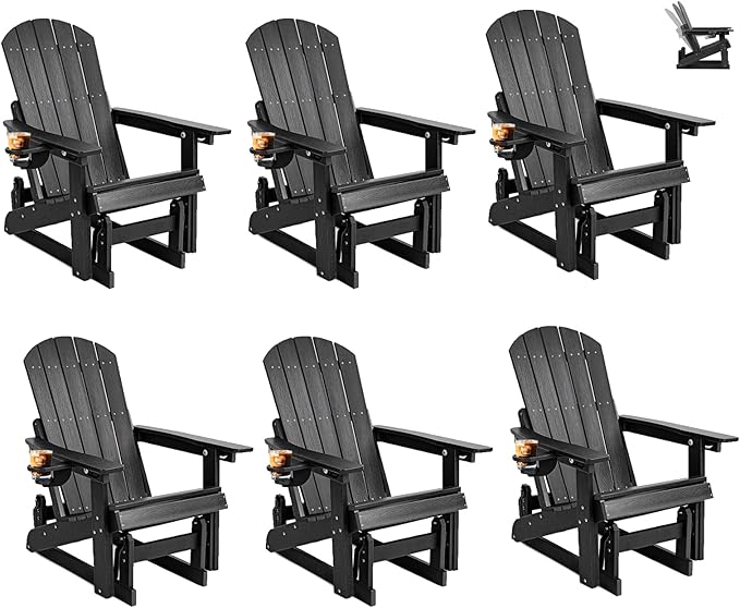 3-Position Adjustable Adirondack Chair with Cup Holder Set of 6, HDPE All-Weather Outdoor Glider Chair, Wood-Grain Fire Pit Chairs for Pool, Yard, Deck (Black)