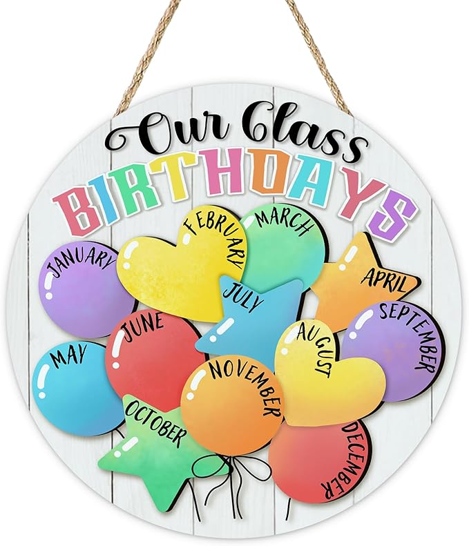 Our Class Birthdays Front Door Sign, Colorful Month Balloons Back to School Wood Hanger Kids Nursery Classroom Home Decor, Farmhouse Wooden Wreath Indoor Kindergarten Wall Hanging Decoration