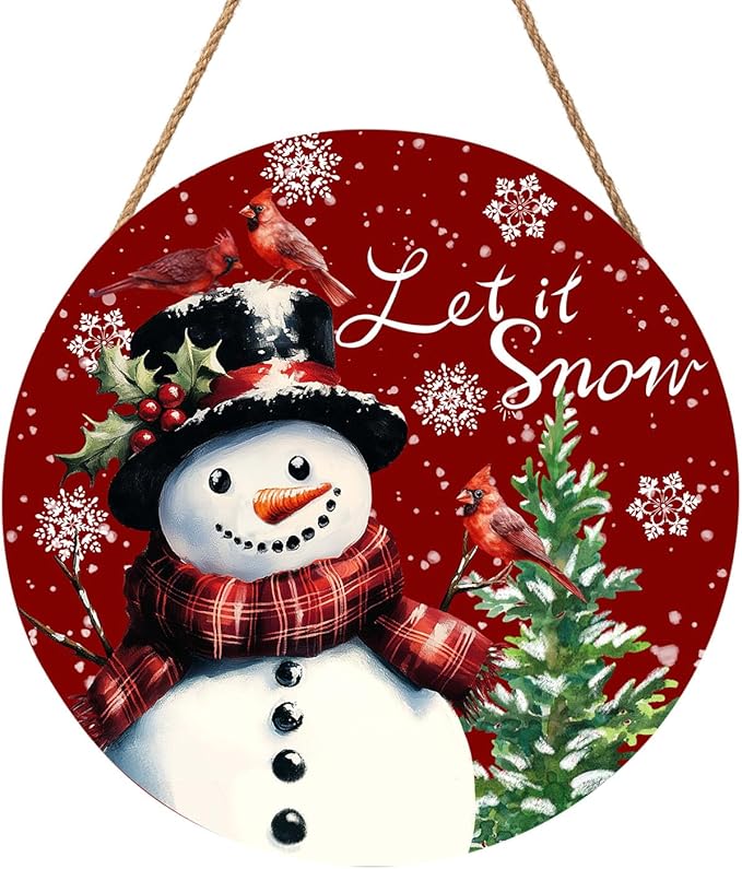 Winter Snowflake Red Door Sign For Front Door Decor,Xmas Snowman Cardinal Bird Wooden Sign 12"x 12" Round Hanging Door Sign Decoration for Wall Rustic Decor