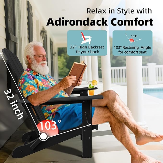 Folding Adirondack Chair, HDPE Plastic Black Adirondack Chairs Weather Resistant, Oversized Outdoor Fire Pit Chairs with Cup Holder and Umbrella Hole for Patio Garden, Lawn and Poolside