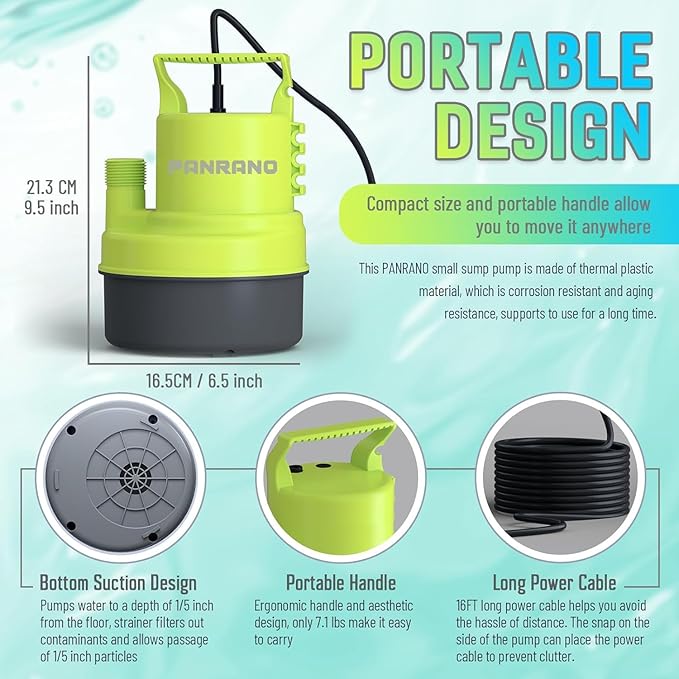 1/2 HP Submersible Water Pump 2900 GPH Portable Small Sump Pump For Pool Cover, Basements, Puddles, Gardens Ponds With 16.4 Ft Power Cord and Hose Adapters, Light Yellow