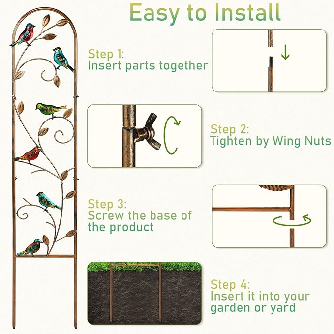 Blulu 4 Pack Metal Garden Trellis for Climbing Plants, 60x11 Detachable Rustproof Arched Fence Flower Vegetable Plant Stand for Outdoor Patio Yard Lawn Decorative(Hummingbird)