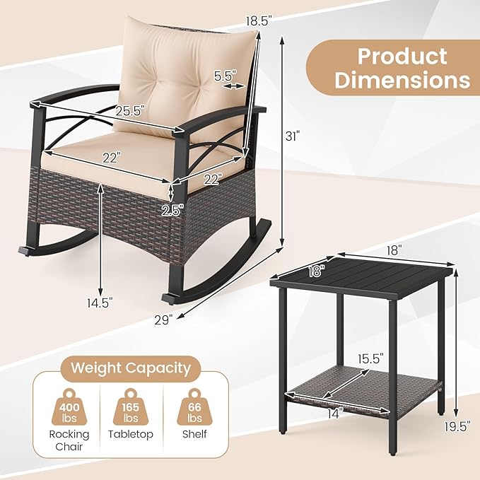 Tangkula 3 Pieces Outdoor Rocking Chairs Set, Rattan Heavy Duty Cushioned Rocker Chairs with 2-Tier Tempered Glass Coffee Table, for Garden, Balcony, Backyard (Beige)