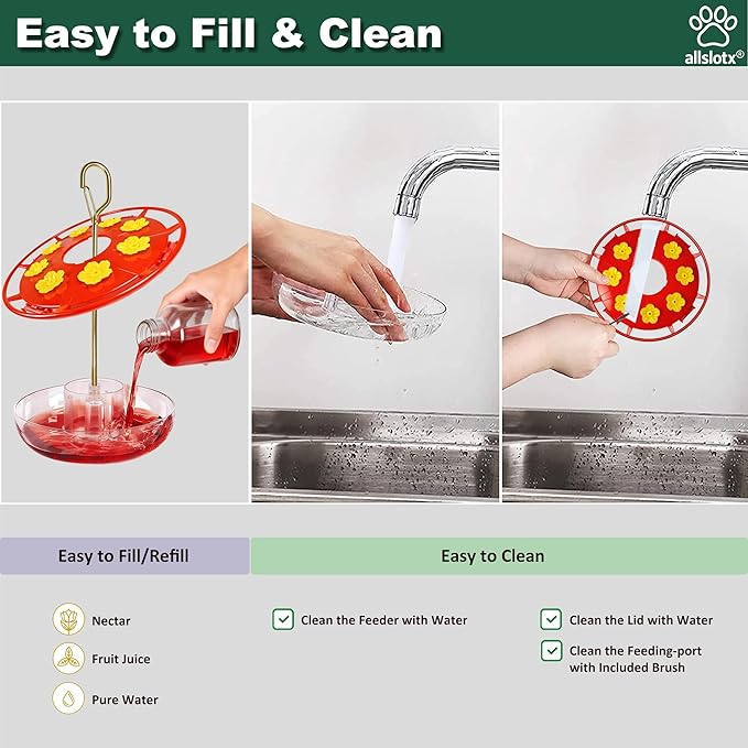 Hummingbird Feeders for Outdoors Hanging - 8 Ports 16 oz Nectar Capacity, Ant Wasp Bee Proof, Leak-Proof with Sealing Ring, Reinforced Hanging Hook, Easy to Clean by Includes Cleaning Brushes