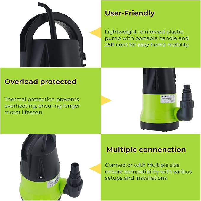Sump Pump, Submersible Water Pump With 10ft Water Hose Kit, Submersible Pump For Pool Draining, Utility Pump Submersible For Hot Tub Water Removal, 25ft Power Cord, 2300GPH, 1/2 HP